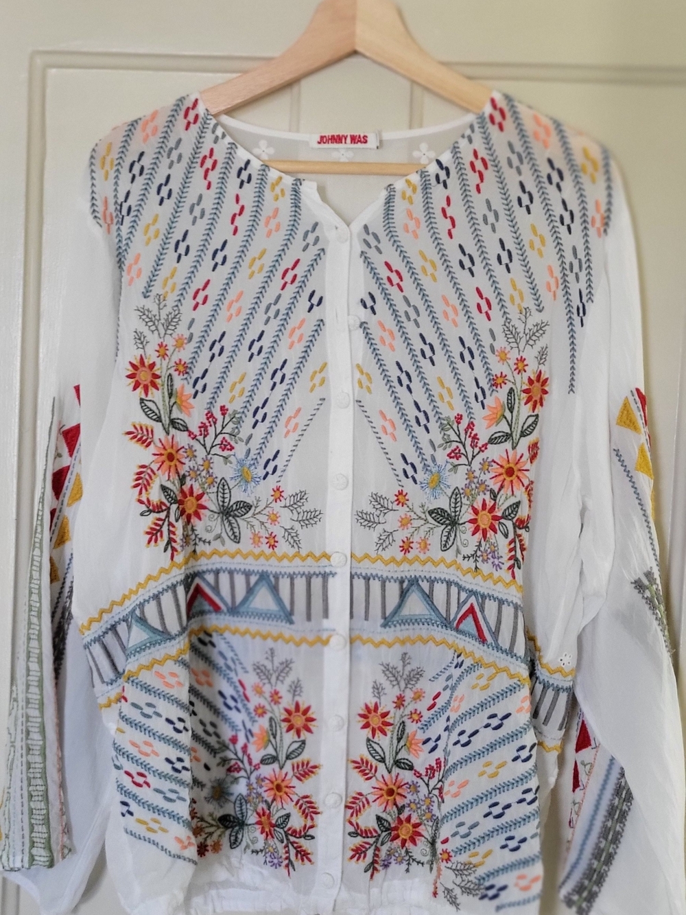 Johnny Was White Embroidered Floral Button-Down Blouse with Multicolor Stitching